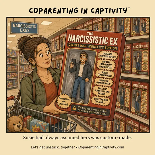 Coparenting in Captivity comic #70: A woman in a toy store examines a boxed figure labeled as a highly conflict-prone ex while shelves around her are filled with the same product. (mom’s point of view)