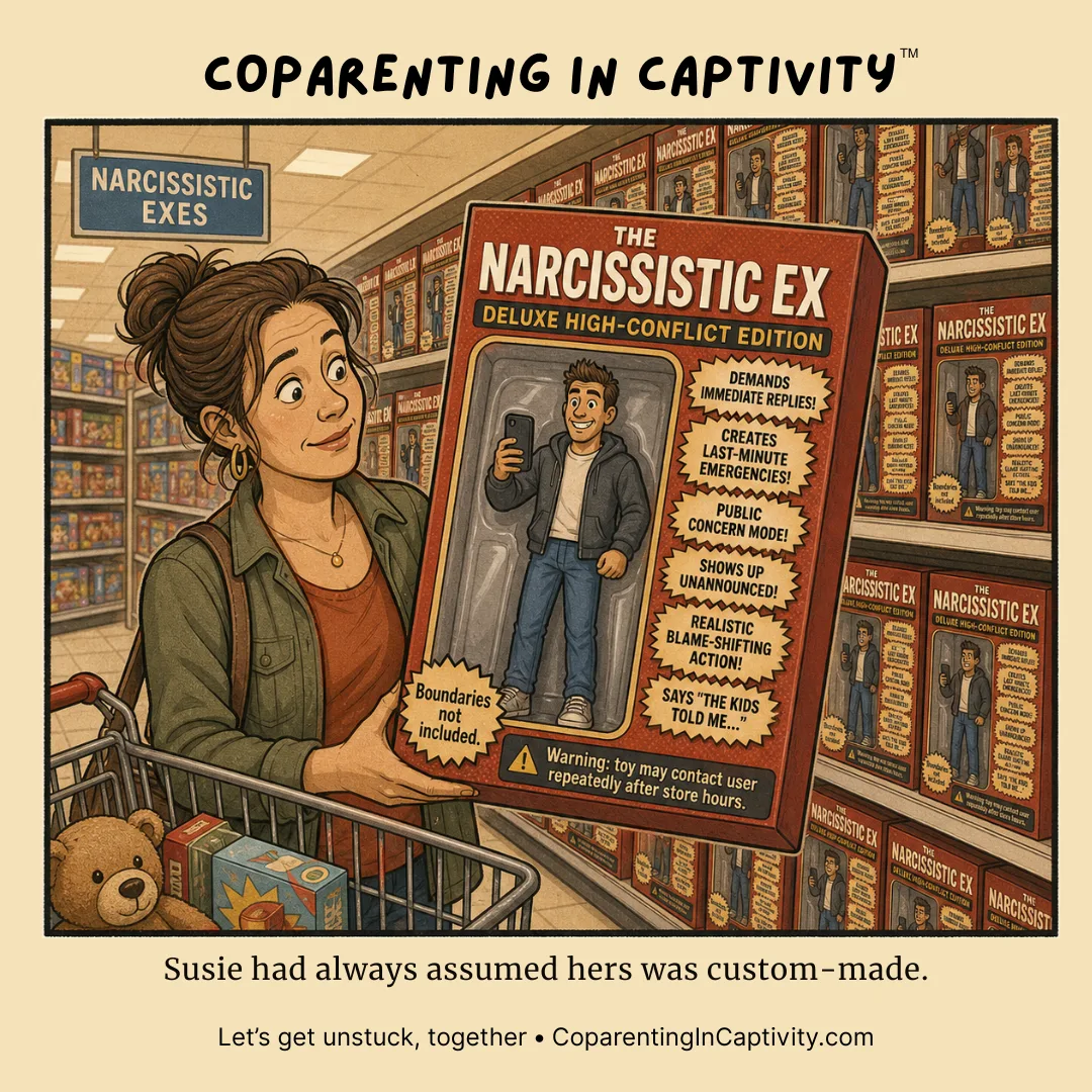 Coparenting in Captivity comic #70: A woman in a toy store examines a boxed figure labeled as a highly conflict-prone ex while shelves around her are filled with the same product. (mom’s point of view)