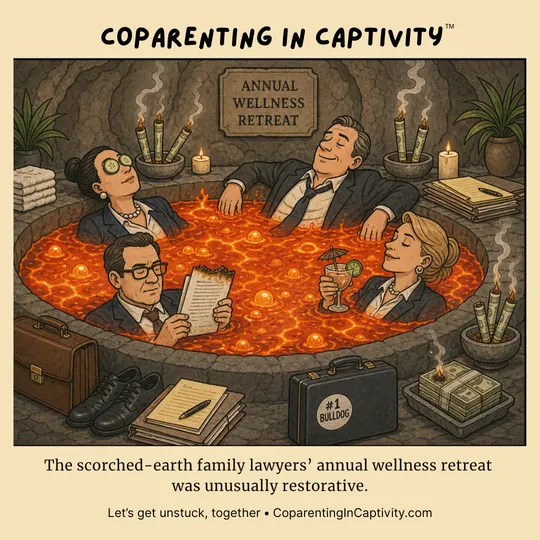 Coparenting in Captivity comic #71: Four business-suited adults relax in a lava-hot bath labeled as an annual wellness retreat, surrounded by lawyerly props and spa-like decor.