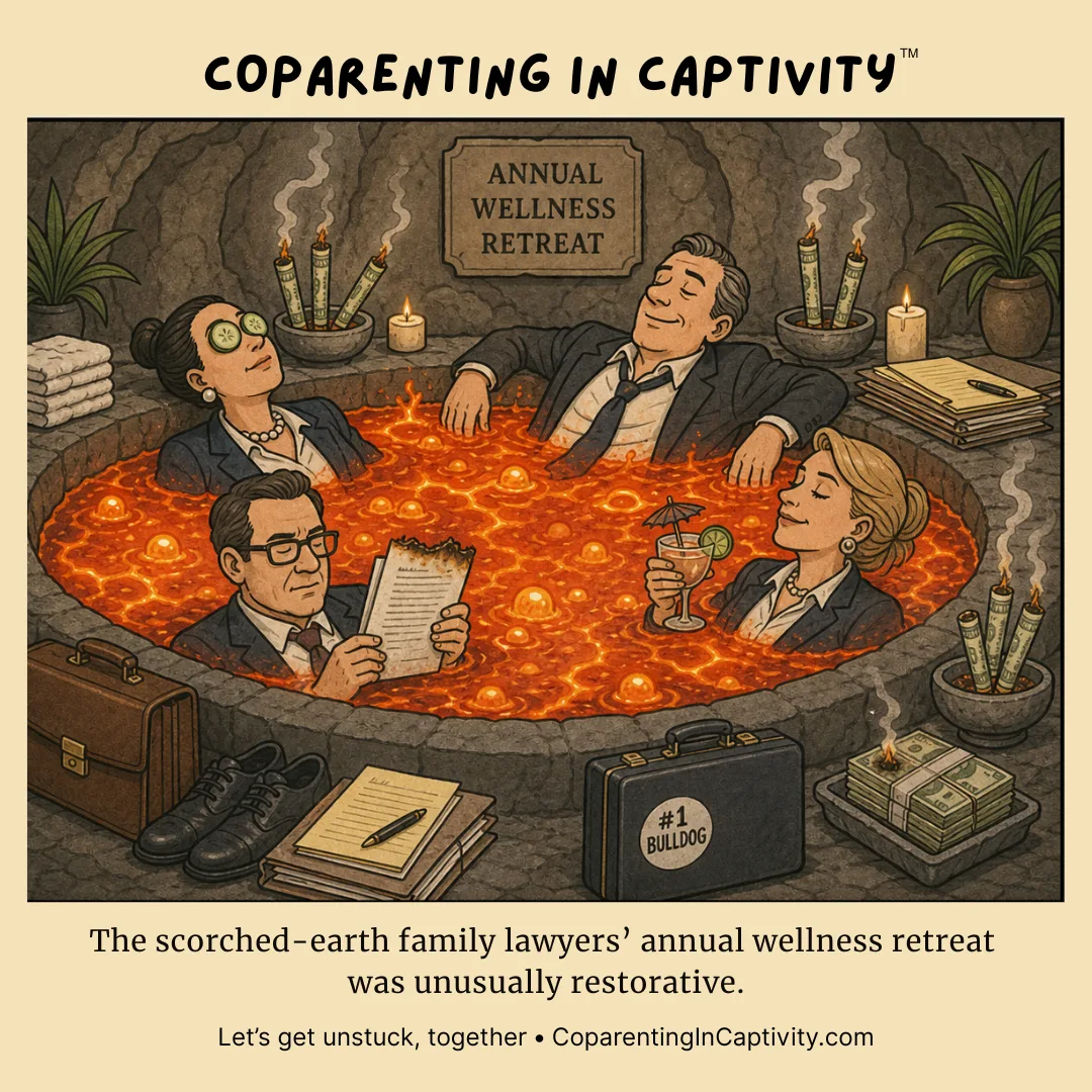 Coparenting in Captivity comic #71: Four business-suited adults relax in a lava-hot bath labeled as an annual wellness retreat, surrounded by lawyerly props and spa-like decor.