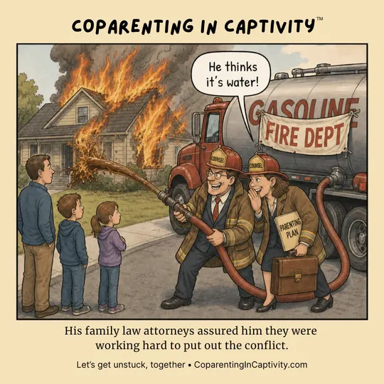 Coparenting in Captivity comic #72: A family law-themed firefighting scene shows attorneys in turnout gear spraying a burning house while a parent and children watch nearby. (dad’s point of view)