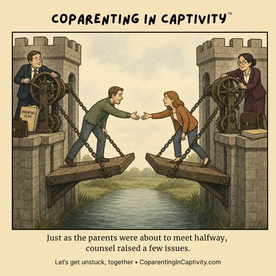 Coparenting in Captivity comic #73: Two co-parents reach toward each other across a gap while their respective counsel operate the mechanisms holding the sides apart.
