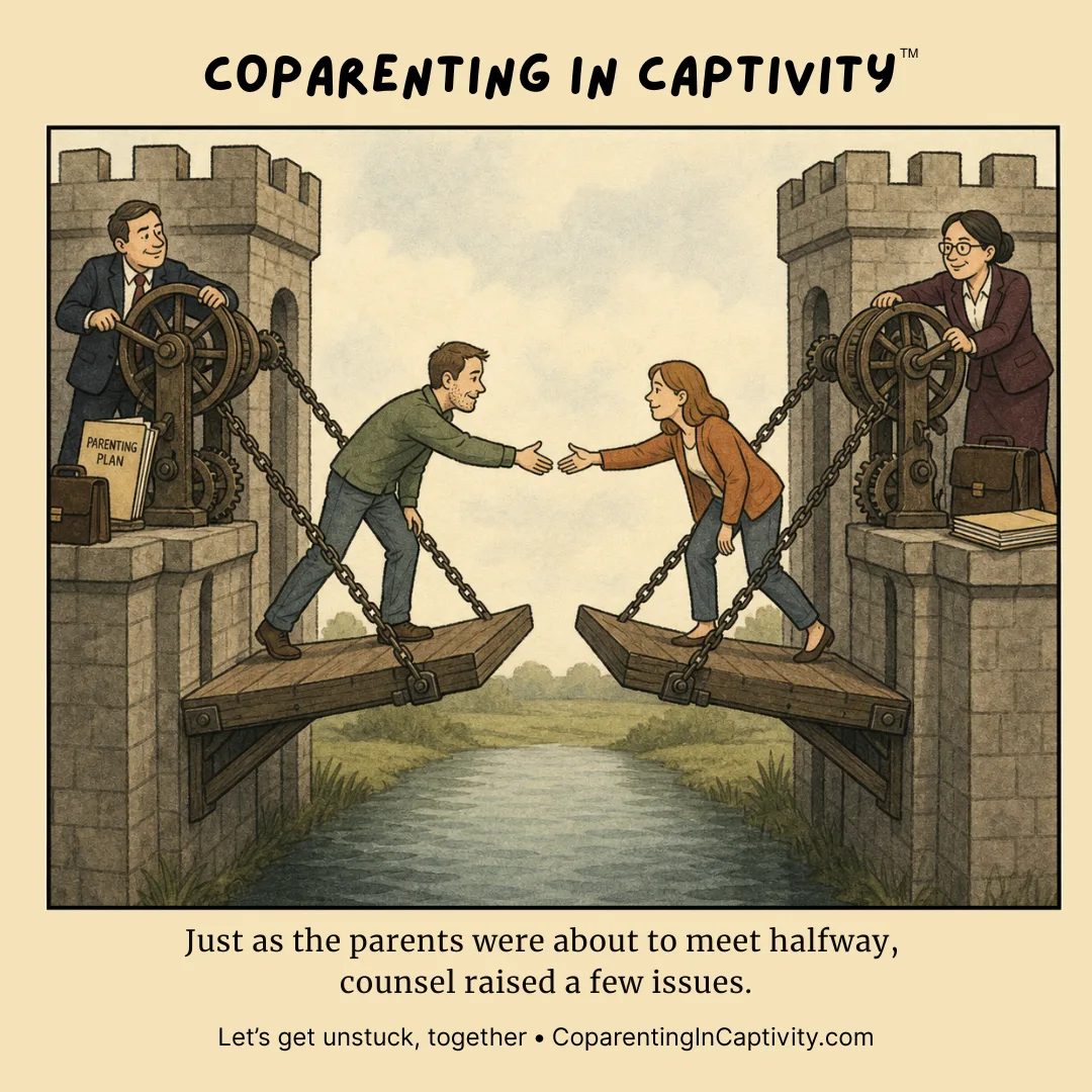Coparenting in Captivity comic #73: Two co-parents reach toward each other across a gap while their respective counsel operate the mechanisms holding the sides apart.
