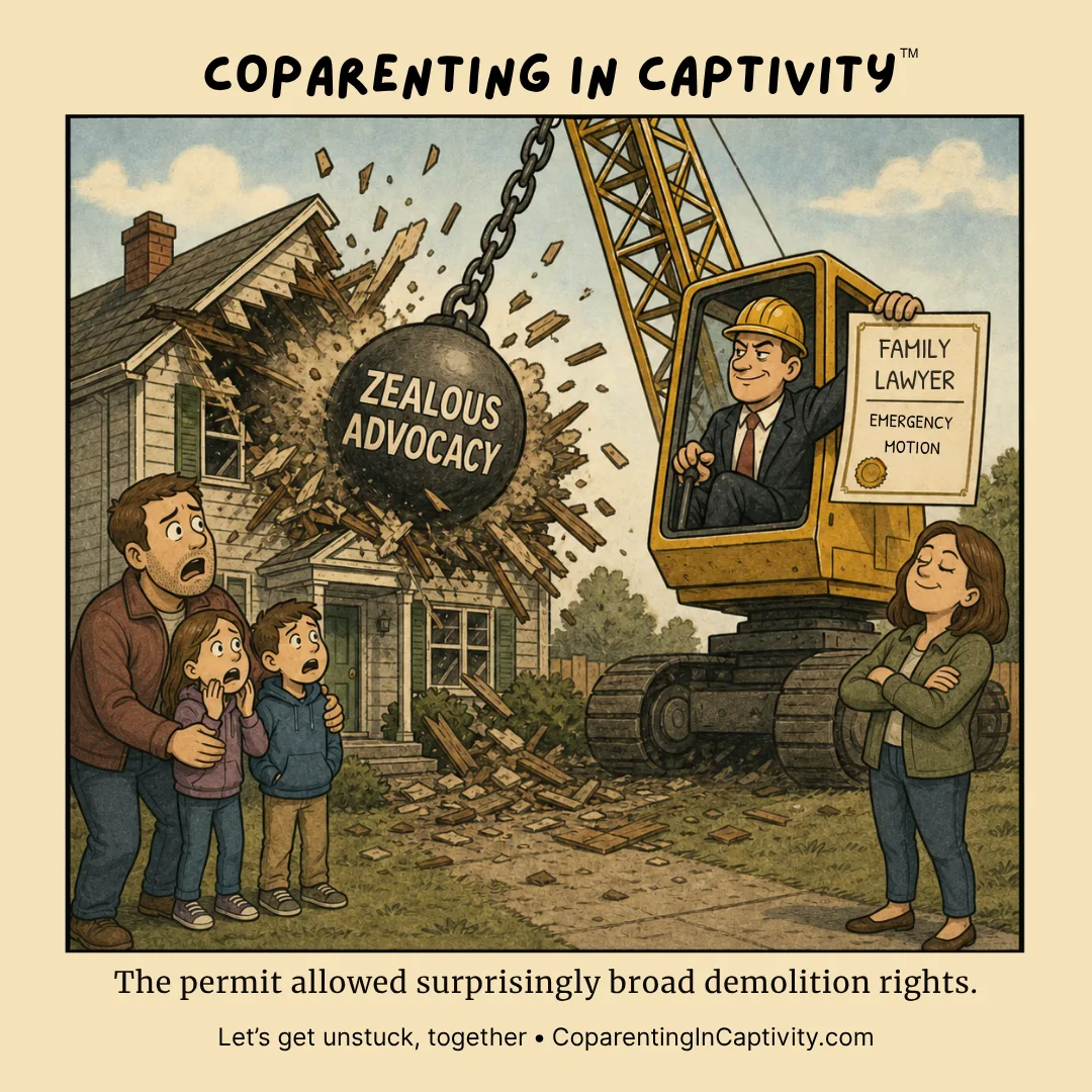 Coparenting in Captivity comic #74: "Zealous Advocacy." (dad’s point of view)