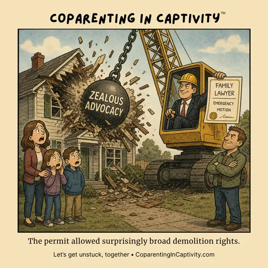Coparenting in Captivity comic #74: "Zealous Advocacy." (mom’s point of view)