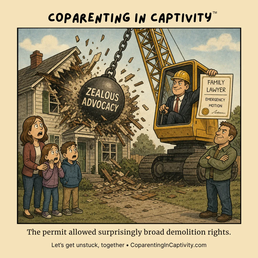 Coparenting in Captivity comic #74: "Zealous Advocacy." (mom’s point of view)