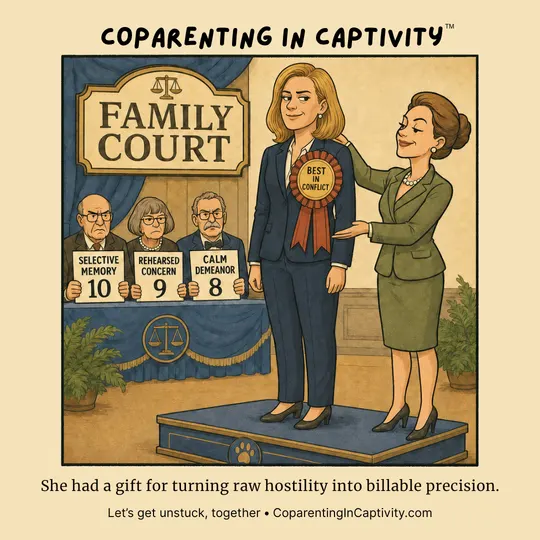 Coparenting in Captivity comic #75: At a family court awards ceremony, one woman is honored for turning conflict into precise legal performance while judges hold up ratings for selective memory, rehearsed concern, and calm demeanor. (dad’s point of view)