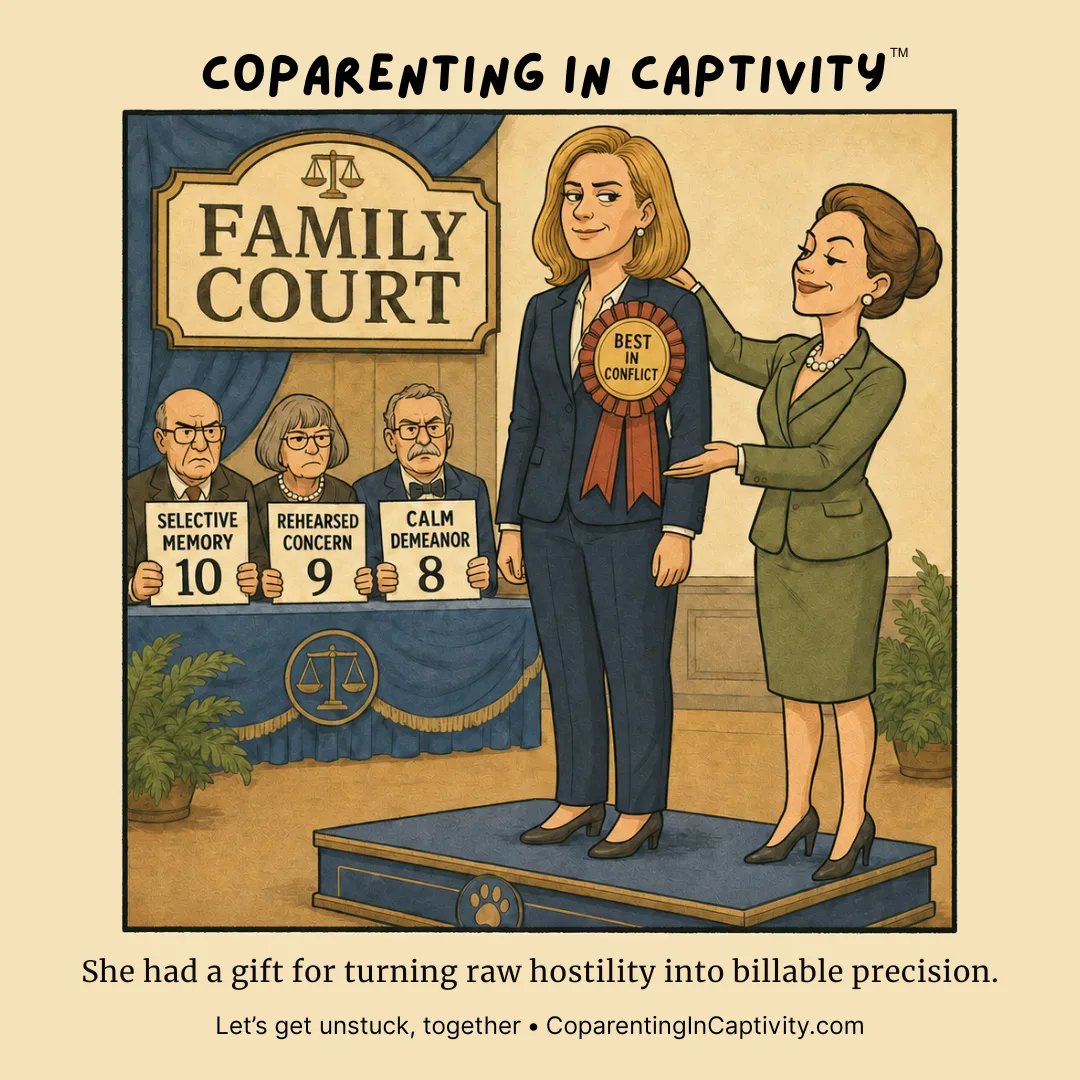 Coparenting in Captivity comic #75: At a family court awards ceremony, one woman is honored for turning conflict into precise legal performance while judges hold up ratings for selective memory, rehearsed concern, and calm demeanor. (dad’s point of view)