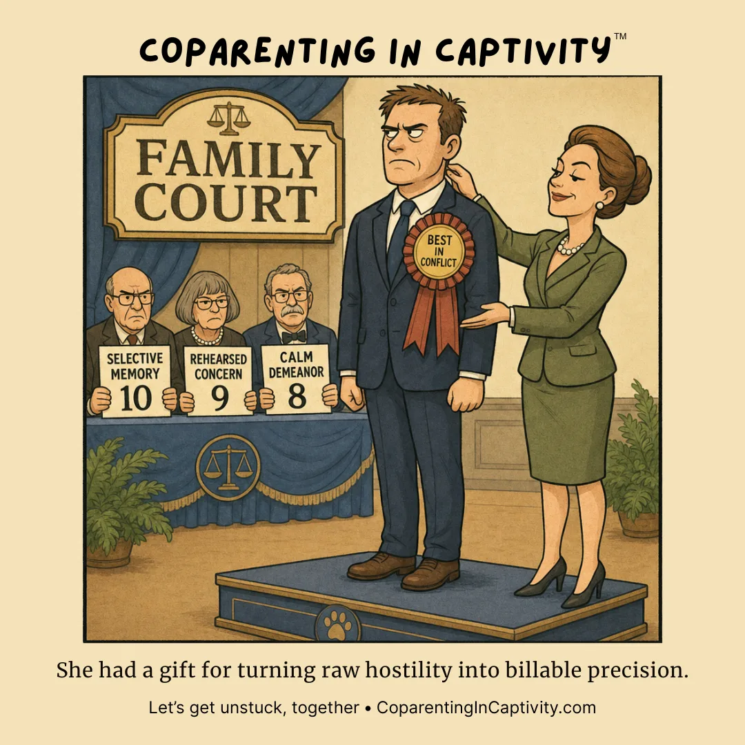 Coparenting in Captivity comic #75: In a family court award scene, a woman pins a “Best in Conflict” ribbon on a stern man while judges hold signs reading “Selective Memory 10,” “Rehearsed Concern 9,” and “Calm Demeanor 8.” (mom’s point of view)