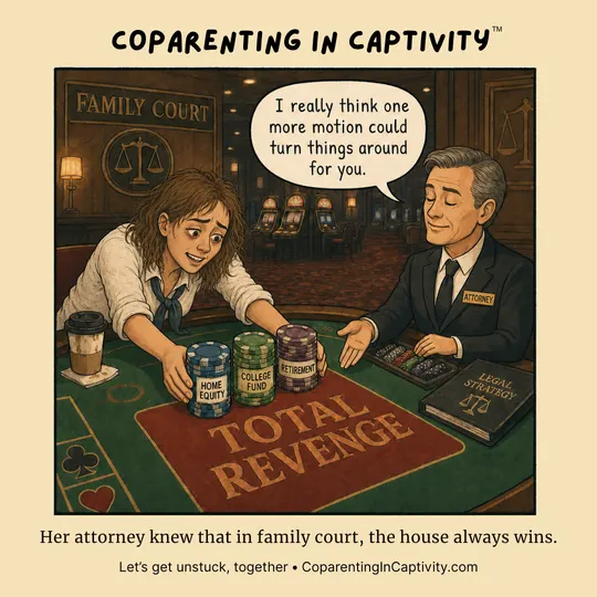 Coparenting in Captivity comic #76: A parent in family court is told by an attorney that one more motion could change the outcome while stacks of assets sit on a poker-style table. (dad’s point of view)
