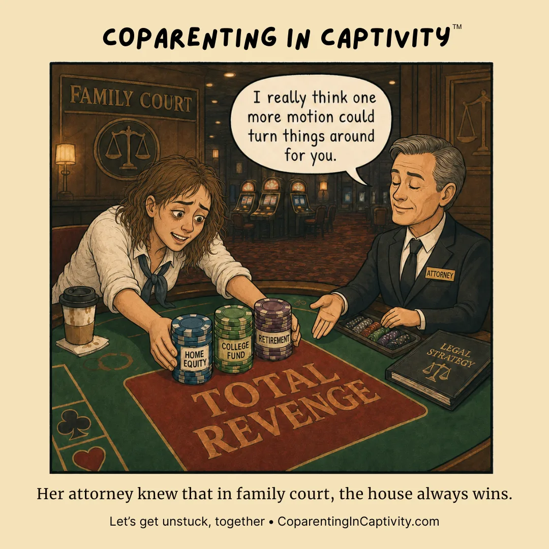 Coparenting in Captivity comic #76: A parent in family court is told by an attorney that one more motion could change the outcome while stacks of assets sit on a poker-style table. (dad’s point of view)