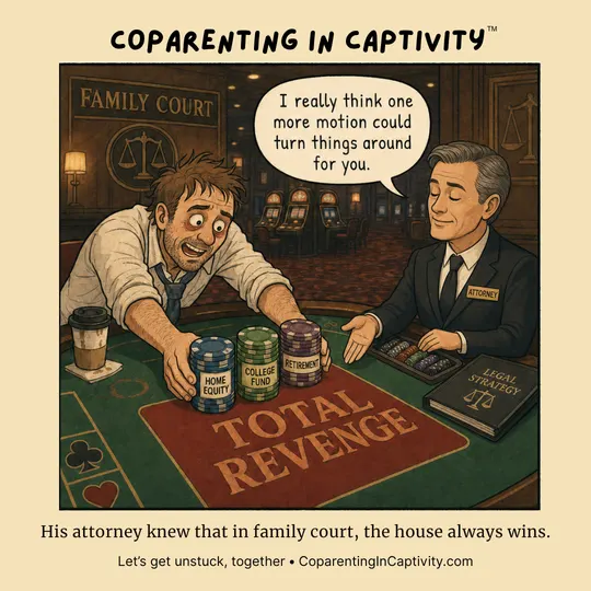 Coparenting in Captivity comic #76: A man in family court leans over a gambling-style table while an attorney calmly offers legal strategy next to stacks labeled with marital assets and a large total-revenge space. (mom’s point of view)