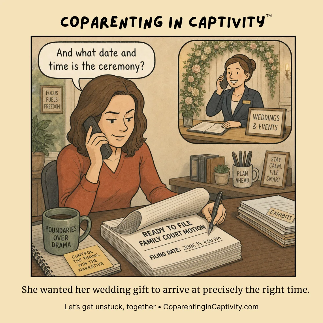 Coparenting in Captivity comic #79: “And what date and time is the ceremony?” (dad’s point of view)
