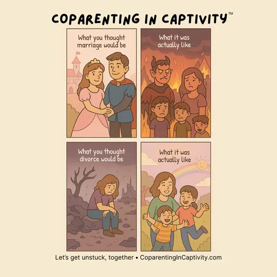 Coparenting in Captivity comic #8: The four-panel reality check nobody asked for. (mom’s point of view)