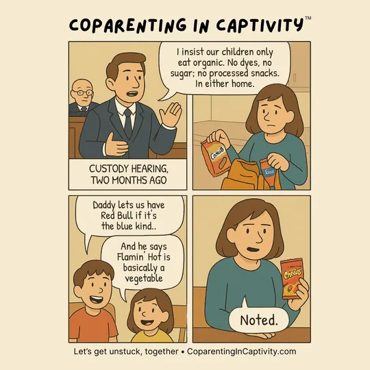 Coparenting in Captivity comic #9: "I insist our children only eat organic. No dyes. No sugar. No processed snacks. In. Either. Home." (mom’s point of view)